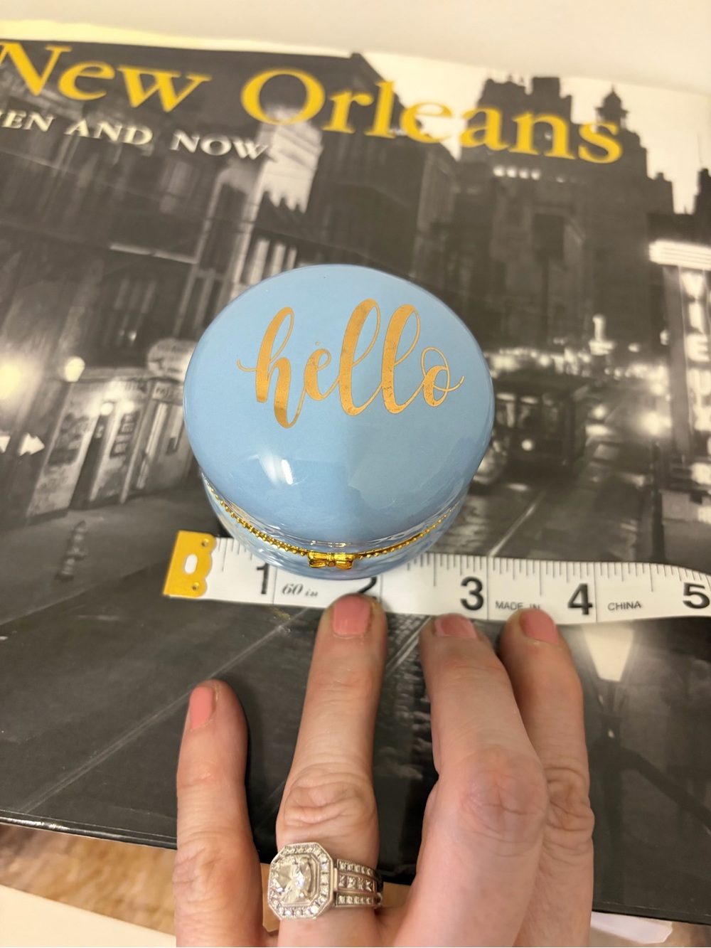 New Blue Round Trinket Box with Gold 'hello' Script gift